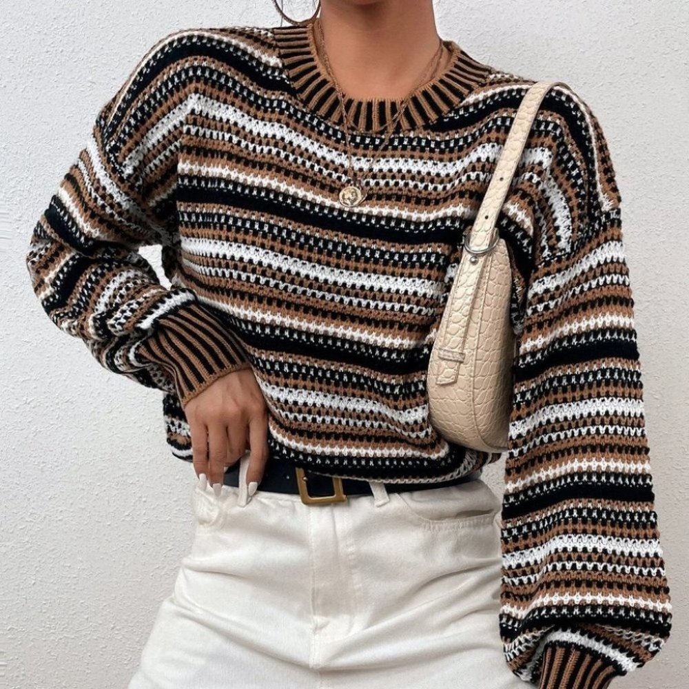 casual  striped lantern sleeve sweater top - Picture 6 of 7